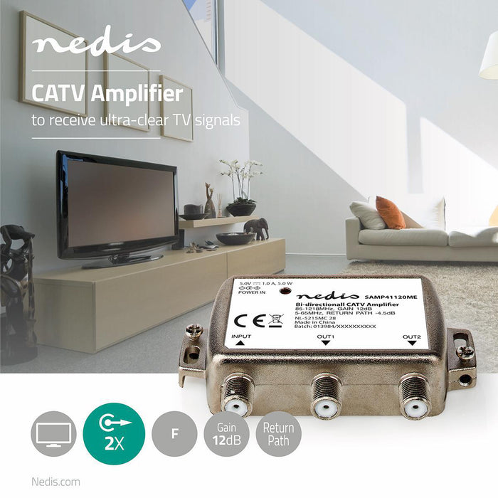 Nedis CATV Amplifier - Gain: 12 dB, 85 - 1218 MHz, Number of outputs: 2, Return path - Silver