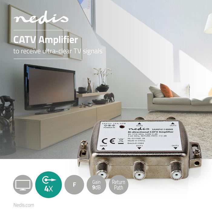 Nedis CATV Amplifier - Gain: 9 dB, 85 - 1218 MHz, Number of outputs: 4, Return path - Silver