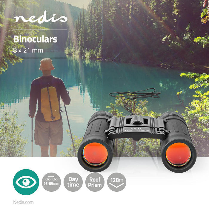 Nedis Binocular - Magnification: 8 x, Objective lens diameter: 21 mm, Field of view: 128 m, Travel bag included - Black