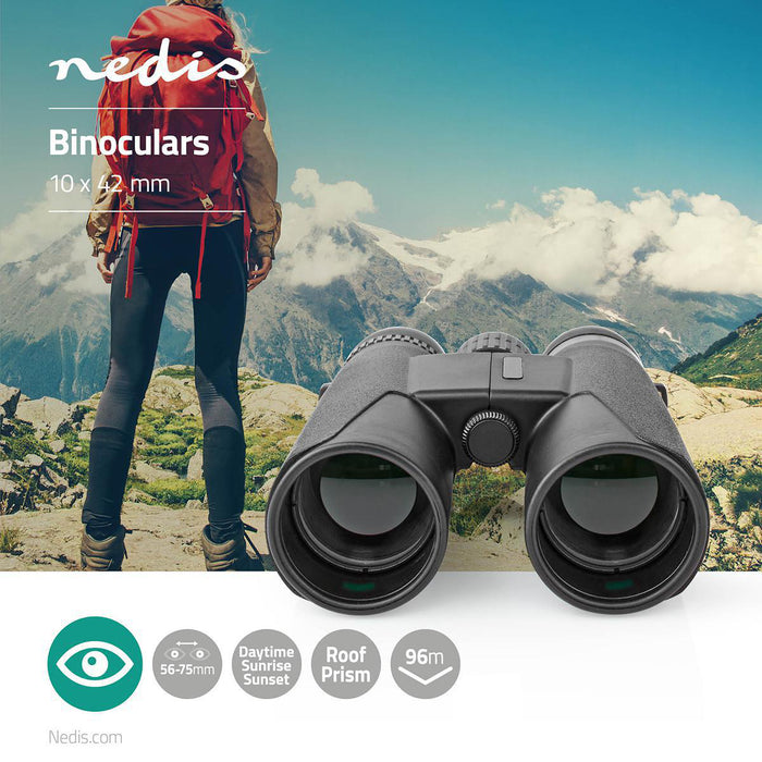 Nedis Binocular - Magnification: 10 x, Objective lens diameter: 42 mm, Field of view: 96 m, Travel bag included - Black