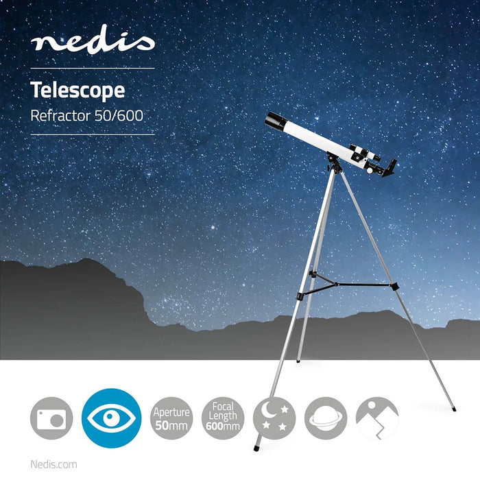 Nedis Telescope - Aperture: 50 mm, Focal length: 600 mm, Finderscope: 5 x 24, Tripod - Black / White