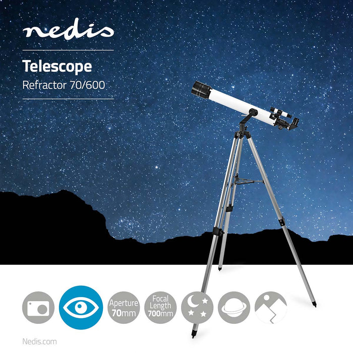 Nedis Telescope - Aperture: 70 mm, Focal length: 700 mm, Finderscope: 5 x 24, Tripod - Black / White