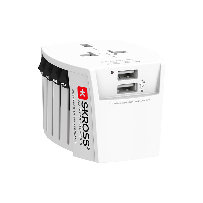 Skross MUV USB (2xA) Compact 2-pole world travel adapter with 2 integrated USB ports