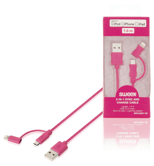 Sweex 2-in-1 Sync and Charge Cable USB-A Male - Micro B Male 1.00 m Pink + Lightning Adapter