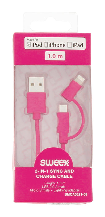 Sweex 2-in-1 Sync and Charge Cable USB-A Male - Micro B Male 1.00 m Pink + Lightning Adapter