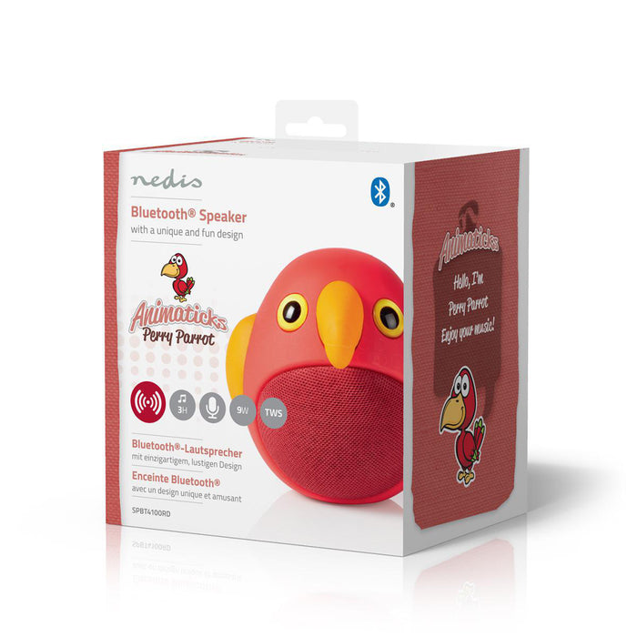 Nedis Bluetooth® Speaker - Battery play time: 3 hrs, Handheld Design, 9 W, Animaticks Perry Parrot - Red