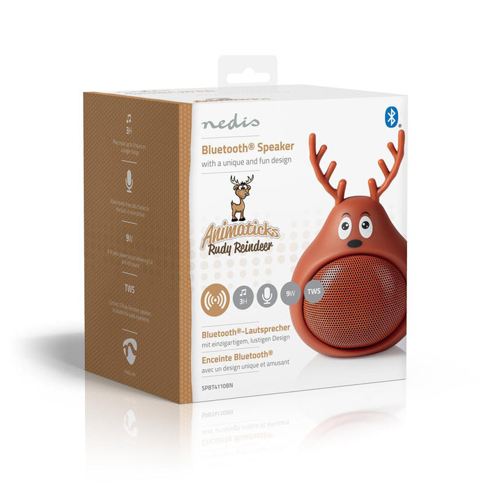 Nedis Bluetooth® Speaker - Battery play time: 3 hrs, Handheld Design, 9 W, Animaticks Rudy Reindeer - Brown