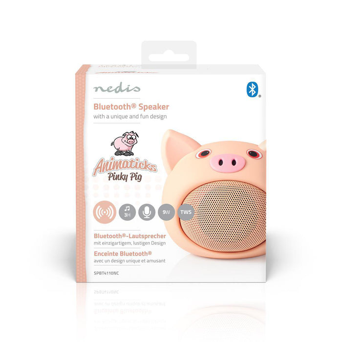 Nedis Bluetooth® Speaker - Battery play time: 3 hrs, Handheld Design, 9 W, Animaticks Pinky Pig - Pink