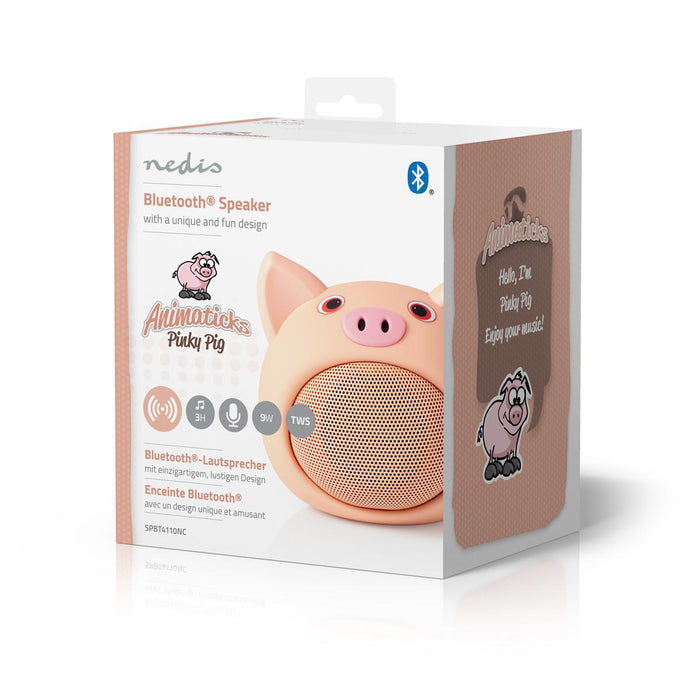 Nedis Bluetooth® Speaker - Battery play time: 3 hrs, Handheld Design, 9 W, Animaticks Pinky Pig - Pink