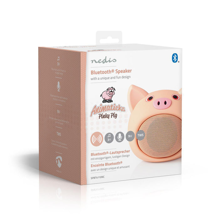 Nedis Bluetooth® Speaker - Battery play time: 3 hrs, Handheld Design, 9 W, Animaticks Pinky Pig - Pink