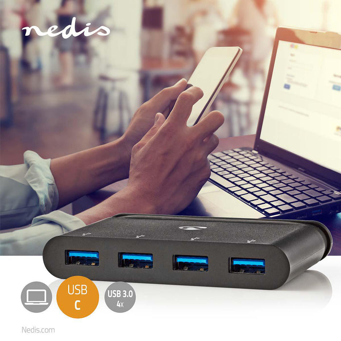 Nedis USB Adapter - USB 3.2 Gen 1, USB-C Male, 4x USB-A, Black - Window Box with Euro Lock