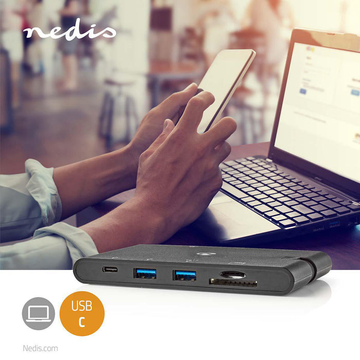 Nedis USB Adapter - USB 3.2 Gen 1, USB-C Male, HDMI Female / Micro SD / RJ45 Female / SD / VGA Female / 2x USB-A / 2x USB-C, Black - Window Box with Euro Lock