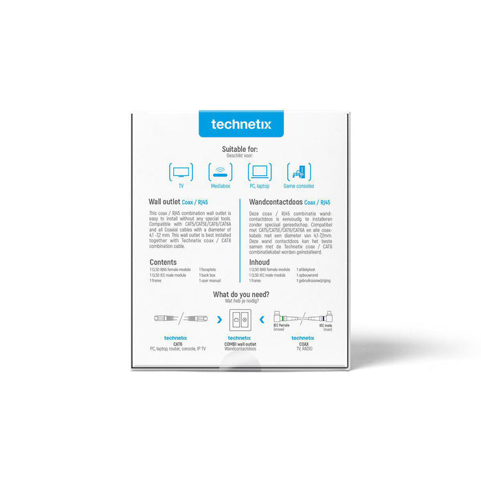 Technetix CATV / IPTV Wall outlet Coax Male + RJ45 Female toolless installation