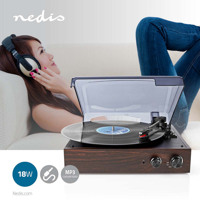 Nedis Turntable - 33 / 45 / 78 rpm, Belt Drive, 1x Stereo RCA, ABS / MDF - Brown