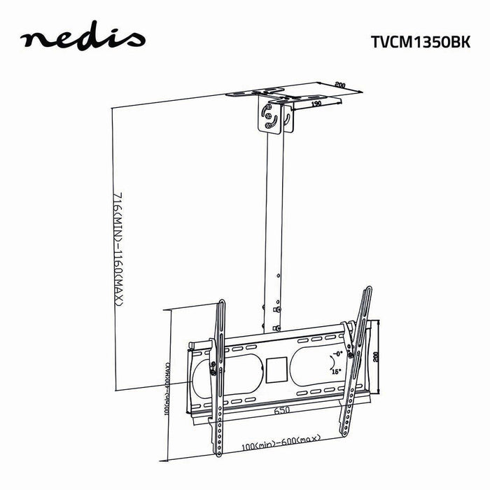 Nedis Full Motion TV Ceiling Mount - 42-65", Maximum supported screen weight: 45 kg, Tiltable, Steel - Black