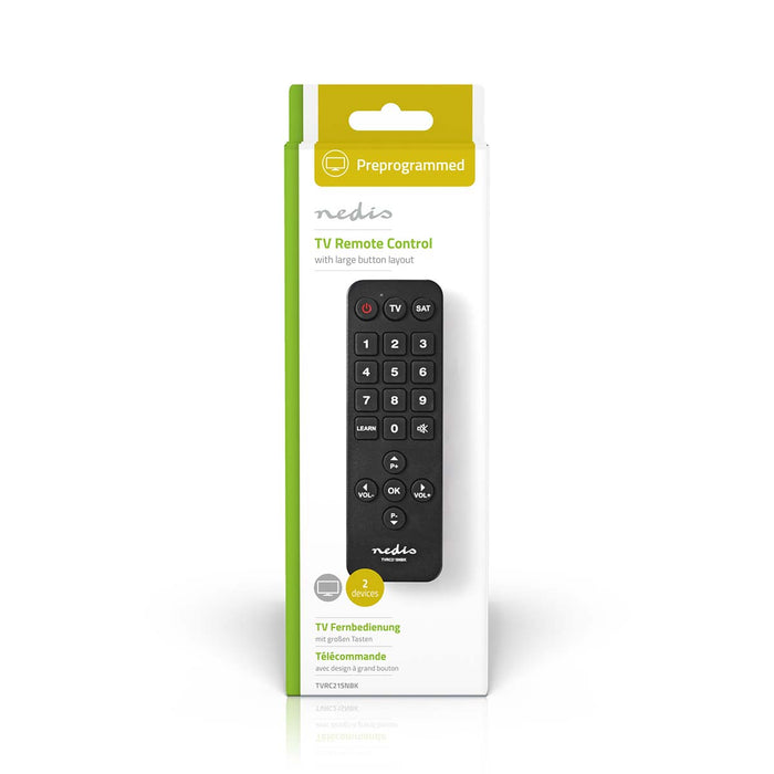 Nedis Universal Remote Control - Preprogrammed, 2 Devices, Disney + Button / Large Buttons / Netflix Button, Infrared - Black