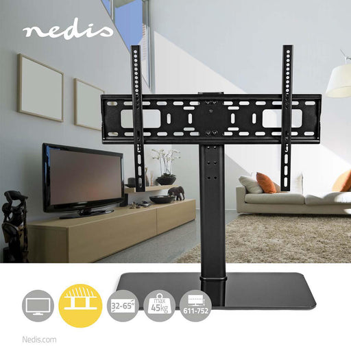 Nedis Fixed TV Desk Stand - 32-65", Maximum supported screen weight: 45 kg, Adjustable pre-fixed heights, Steel / Tempered Glass - Black