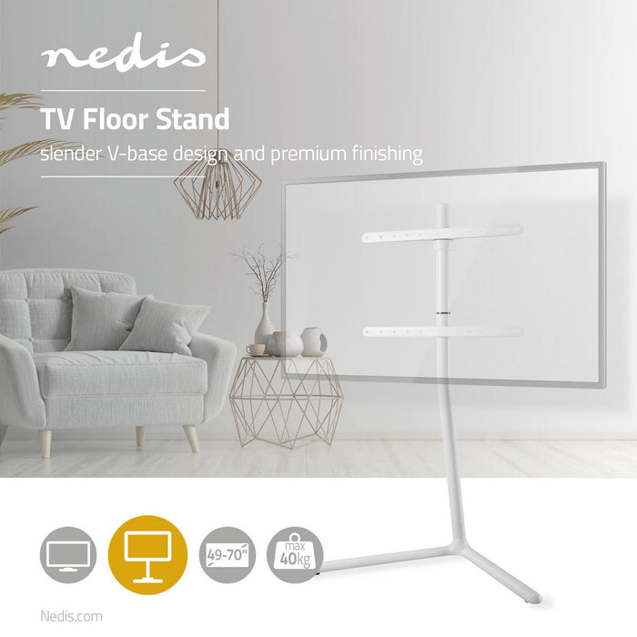 Nedis TV Floor Stand - 49-70", Maximum supported screen weight: 40 kg, V-shape Design, Aluminium / Steel - White