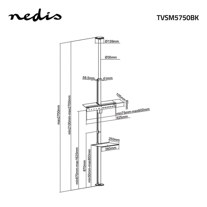 Nedis Full Motion TV Stand - 37-70", Maximum supported screen weight: 30 kg, Tiltable, Aluminium / Steel - Black / Silver