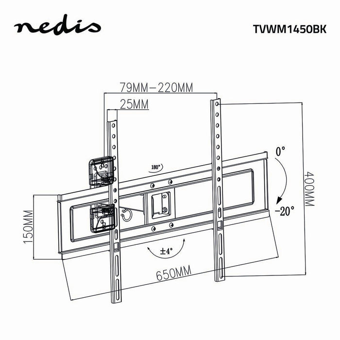 Nedis Full Motion TV Wall Mount - 37-70", Maximum supported screen weight: 35 kg, Tiltable, ABS / Steel - Black