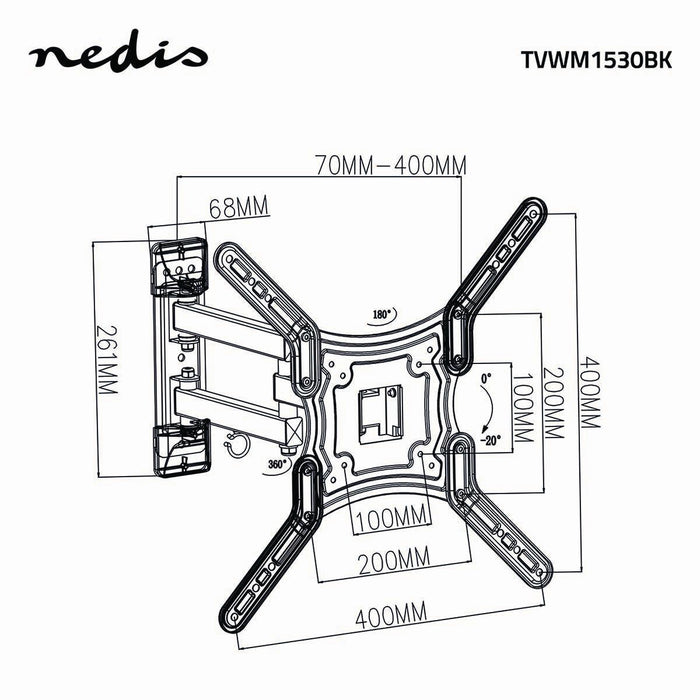 Nedis Full Motion TV Wall Mount - 23-55", Maximum supported screen weight: 30 kg, Tiltable, ABS / Steel - Black