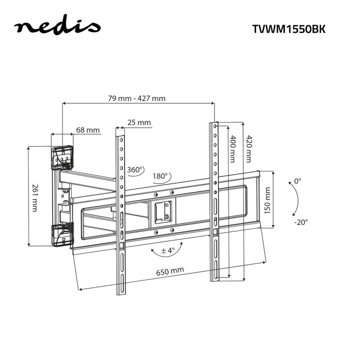 Nedis Full Motion TV Wall Mount - 37-70", Maximum supported screen weight: 25 kg, Tiltable, ABS / Steel - Black