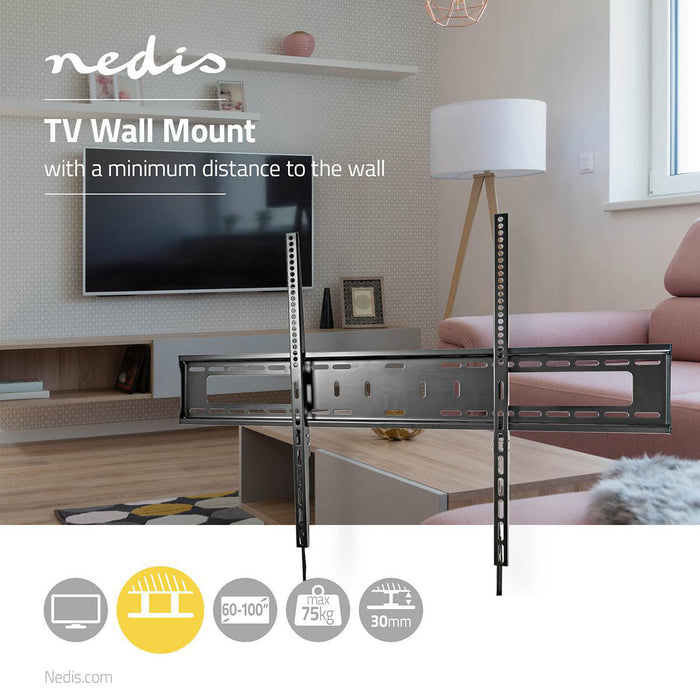 Nedis Fixed TV Wall Mount - 60-100", Maximum supported screen weight: 75 kg, Minimum wall distance: 30.5 mm, Metal / Steel - Black