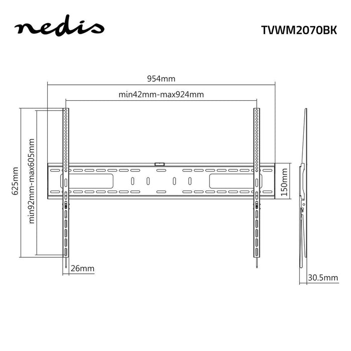 Nedis Fixed TV Wall Mount - 60-100", Maximum supported screen weight: 75 kg, Minimum wall distance: 30.5 mm, Metal / Steel - Black