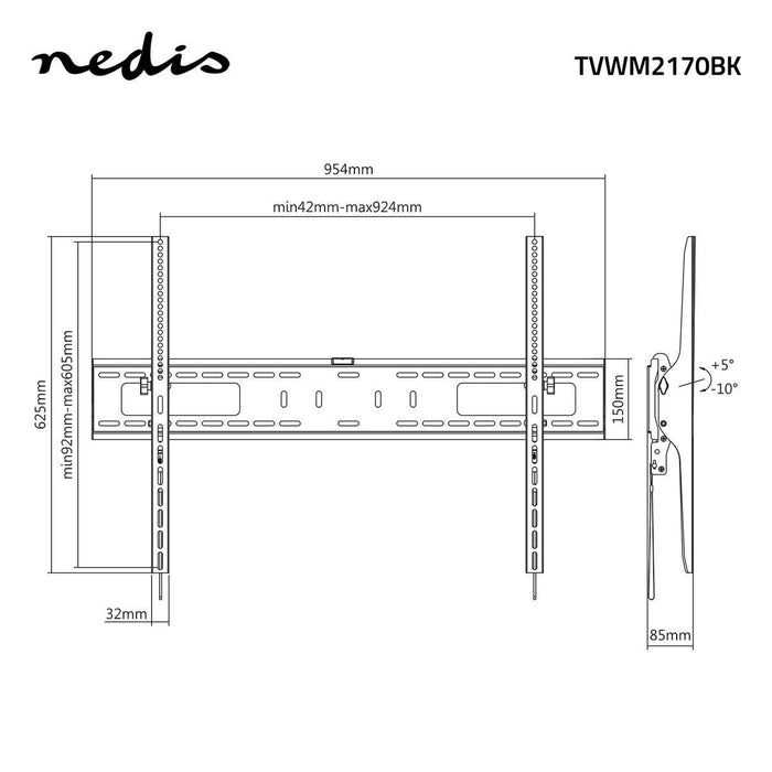 Nedis Tiltable TV Wall Mount - 60-100", Maximum supported screen weight: 75 kg, Tiltable: 5 °, Steel - Black