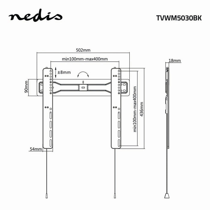 Nedis Fixed TV Wall Mount - 32-55", Maximum supported screen weight: 35 kg, Minimum wall distance: 18 mm, Steel - Black