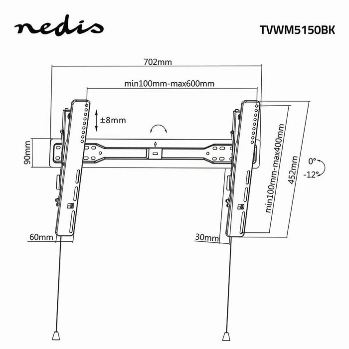 Nedis Tiltable TV Wall Mount - 37-70", Maximum supported screen weight: 35 kg, Tiltable: -12 °, Steel - Black