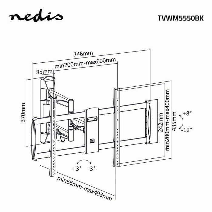 Nedis Full Motion TV Wall Mount - 42-70", Maximum supported screen weight: 35 kg, Tiltable, Steel - Black