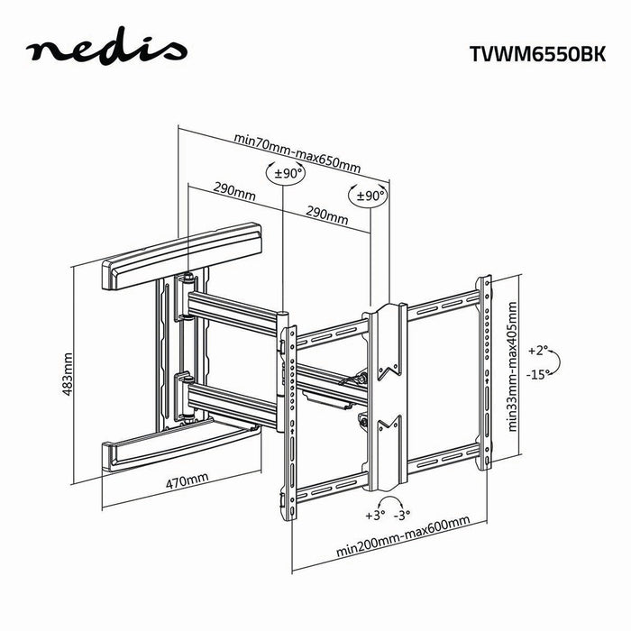 Nedis Full Motion TV Wall Mount - 37-80", Maximum supported screen weight: 50 kg, Tiltable, Steel - Black