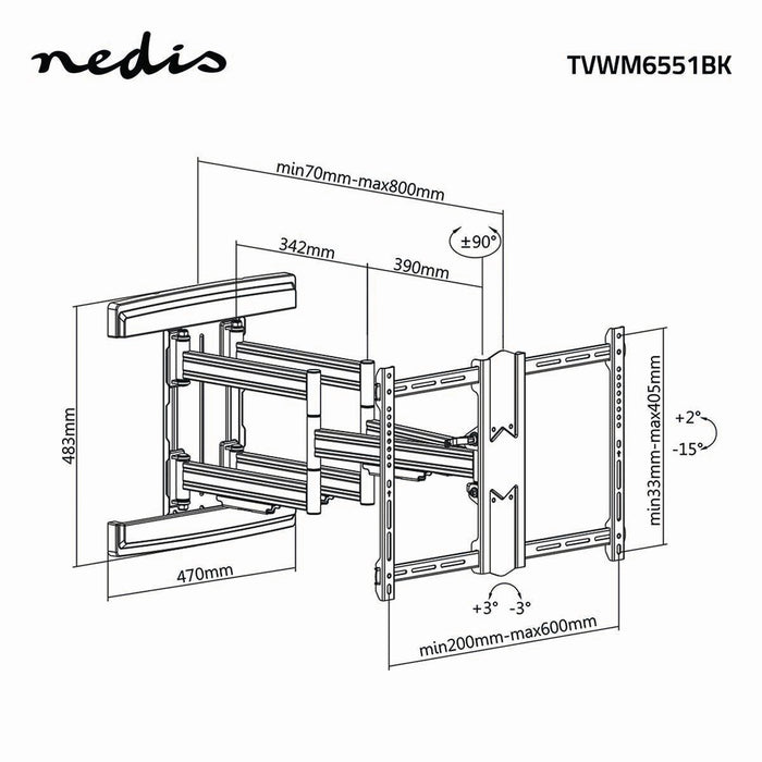 Nedis Full Motion TV Wall Mount - 37-80", Maximum supported screen weight: 70 kg, Tiltable, Steel - Black