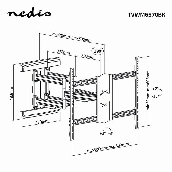 Nedis Full Motion TV Wall Mount - 43 - 100", Maximum supported screen weight: 70 kg, Tiltable, Steel - Black