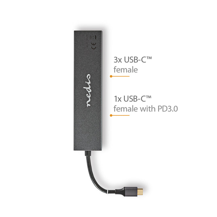 Nedis USB Hub - 1x USB-C 3.2 Gen 2 Male, USB-C 3.2 Gen 2 Female with PD 3.0 / 3x USB-C 3.2 Gen 2 Female, 4 port(s), USB Powered - 10 Gbps