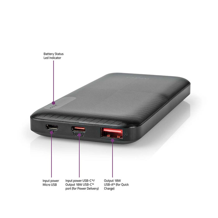 Nedis Powerbank - 10000 mAh, 1.5 / 2.0 / 3.0 A, Number of outputs: 2, PD2.0 18W - Lithium-Polymer