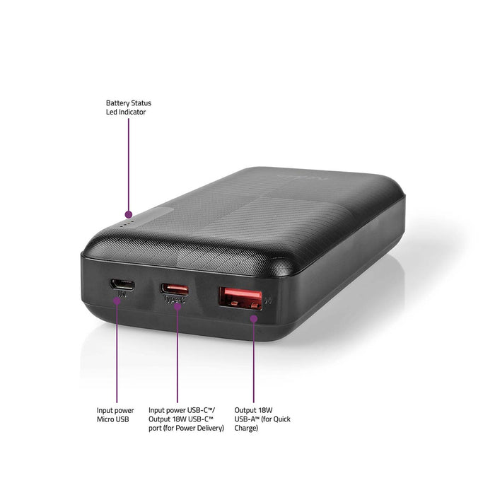 Nedis Powerbank - 20000 mAh, 1.5 / 2.0 / 3.0 A, Number of outputs: 2, PD2.0 18W - Lithium-Polymer