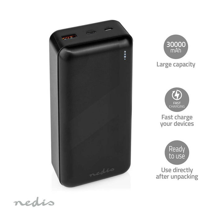 Nedis Powerbank - 30000 mAh, 1.5 / 2.0 / 3.0 A, Number of outputs: 2, PD3.0 20W - Lithium-Polymer