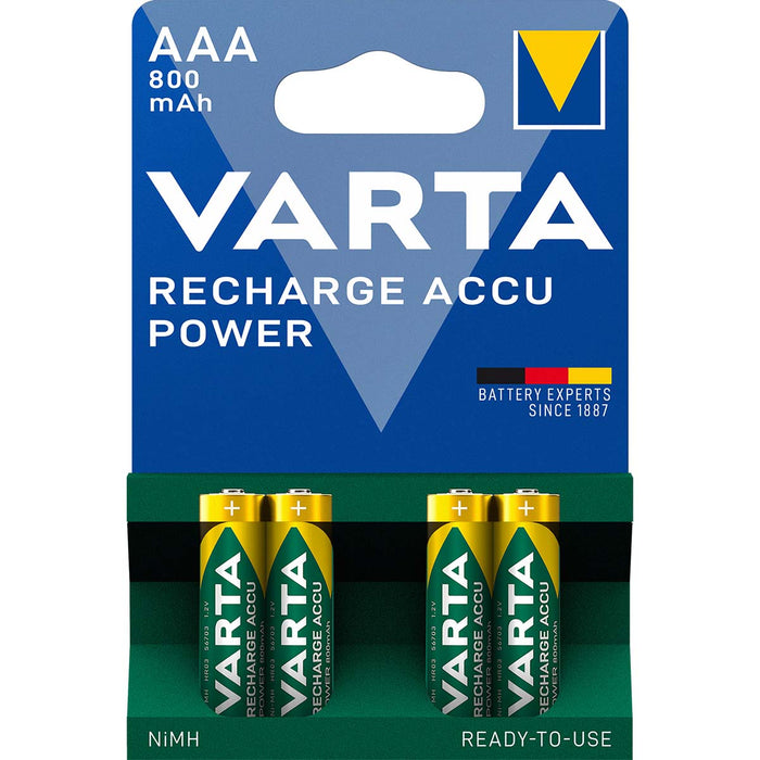 Varta Rechargeable NiMH Battery AAA - 1.2 V DC, 800 mAh, Precharged, Precharged - 4-Blister Card