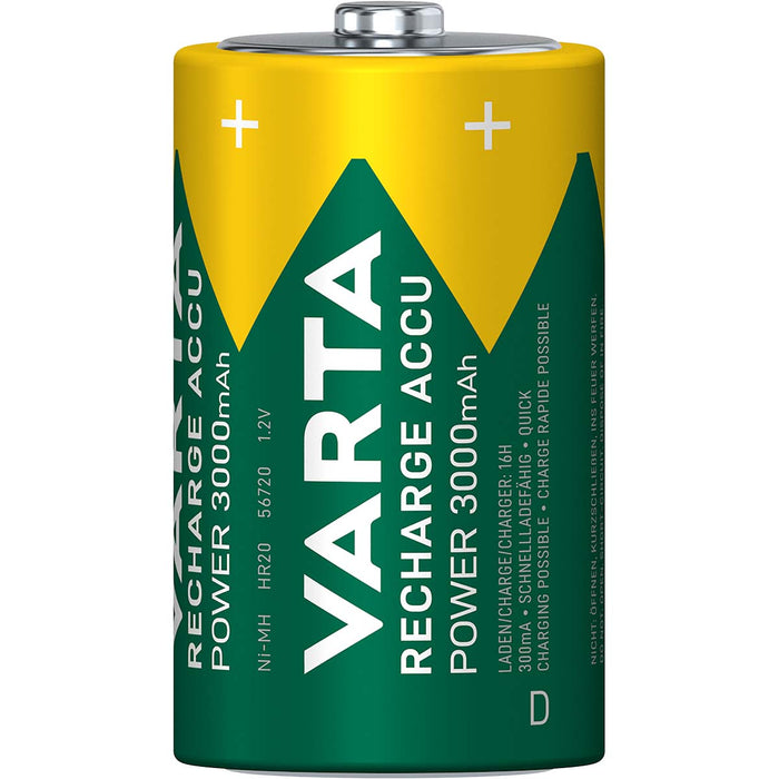 Varta Rechargeable NiMH Battery D - 1.2 V DC, 3000 mAh, Precharged, HR20 - Green / Yellow