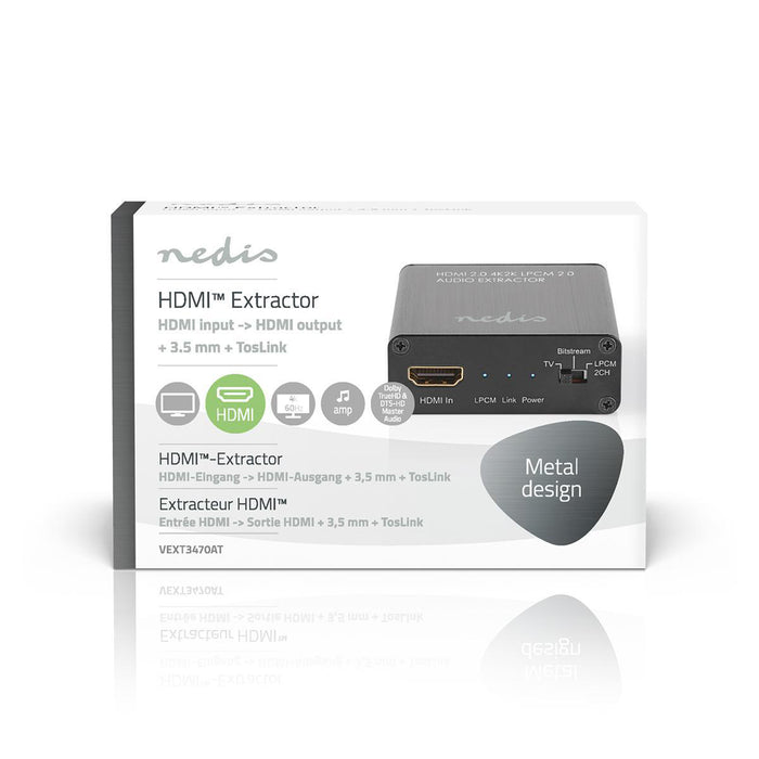 Nedis HDMI Extractor - HDMI Input, HDMI Output / TosLink Female / 1x 3.5 mm, Maximum resolution: 4K@60Hz, Anthracite - Gift Box