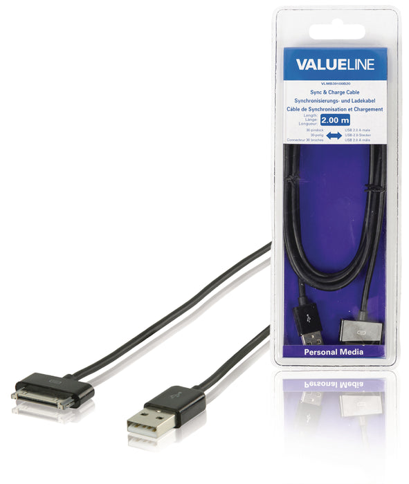 Valueline Sync and Charge Cable Apple Dock 30-pin - USB-A Male 2.00 m Black