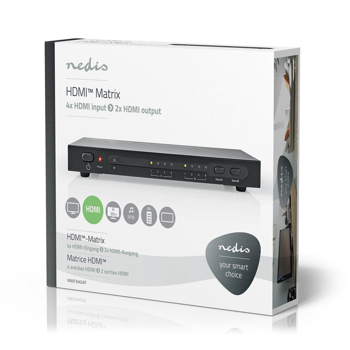 Nedis HDMI Matrix Switch - 4 x 2 port(s), 4x HDMI Input, 2x HDMI Output, Metal - Anthracite