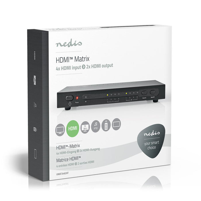 Nedis HDMI Matrix Switch - 4 x 2 port(s), 4x HDMI Input, 2x HDMI Output, Metal - Anthracite