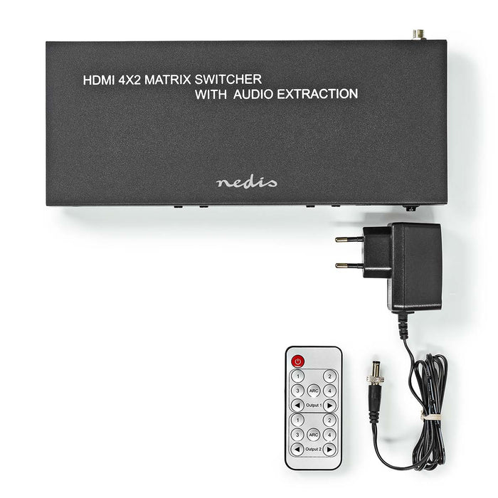 Nedis HDMI Matrix Switch - 4 x 2 port(s), 4x HDMI Input, 2x 3.5 mm / 2x HDMI Output / 2x TosLink, Metal - Anthracite