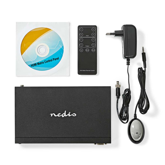 Nedis HDMI Matrix Switch - 4 x 4 port(s), DC Power / 1x RS232 / 4x HDMI Input, 4x HDMI Output, Metal - Black