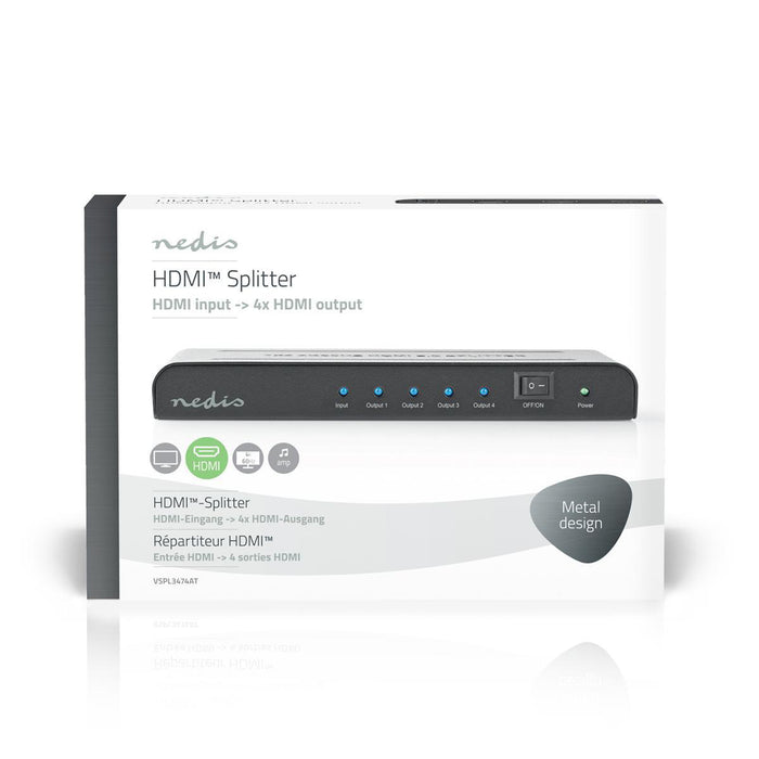 Nedis HDMI Splitter - 4 port(s), HDMI Input, 4x HDMI Output, Metal - Anthracite