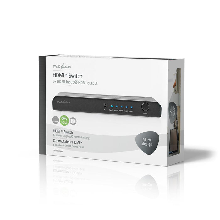 Nedis HDMI Switch - 5 port(s), 5x HDMI Input, 1x HDMI Output, Metal - Anthracite