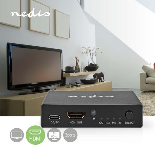 Nedis HDMI Switch - 3 port(s), 3x HDMI Input, HDMI Output, Aluminium - Anthracite